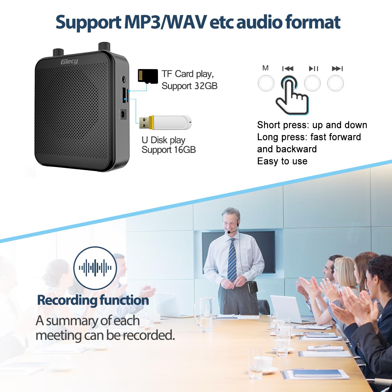 Giecy - Amplificador de Voz Personal, Amplificador de Voz portátil, 30 W, 2800 mAh, Sistema PA Recargable para múltiples ubicaciones, Aula, reuniones y Exteriores