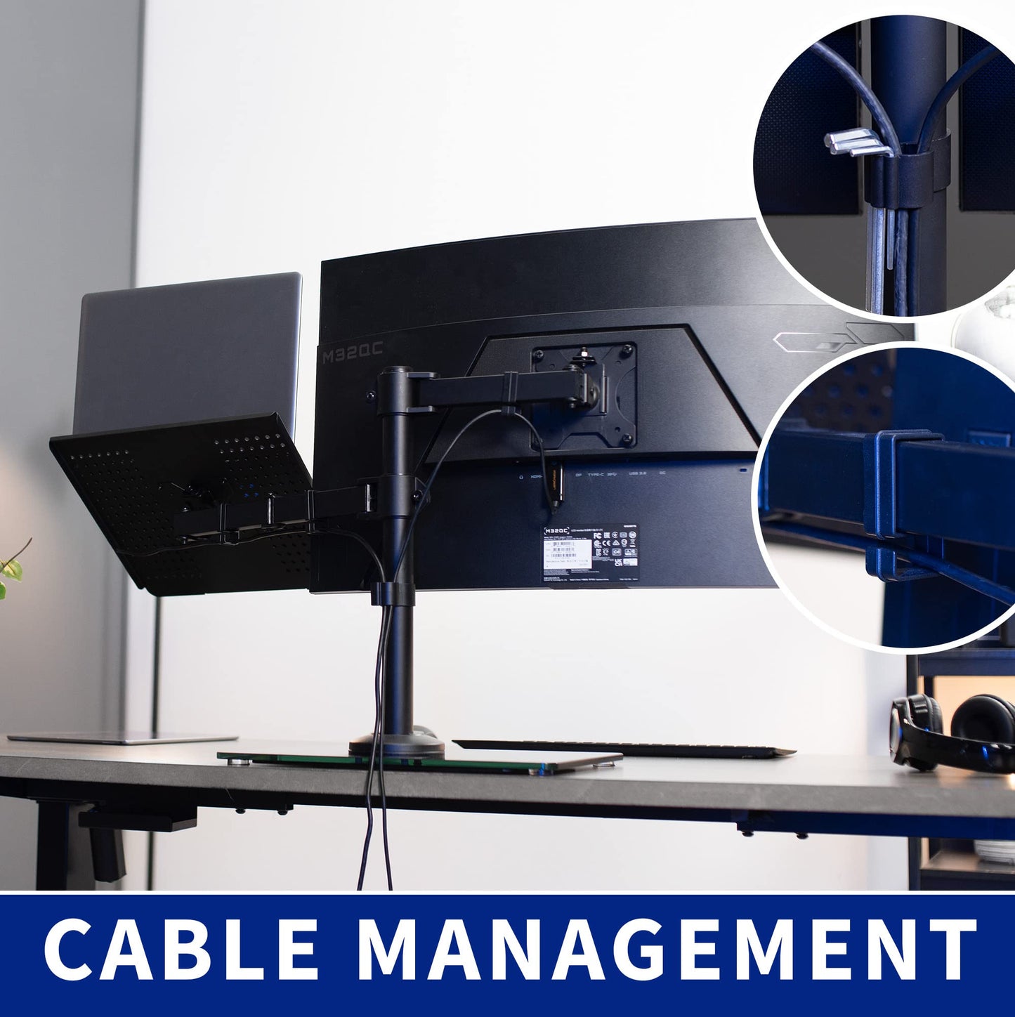 Soporte para Monitor y Portátil Vivo Negro con Base de Vidrio, Adaptable hasta 32 Pulgadas
