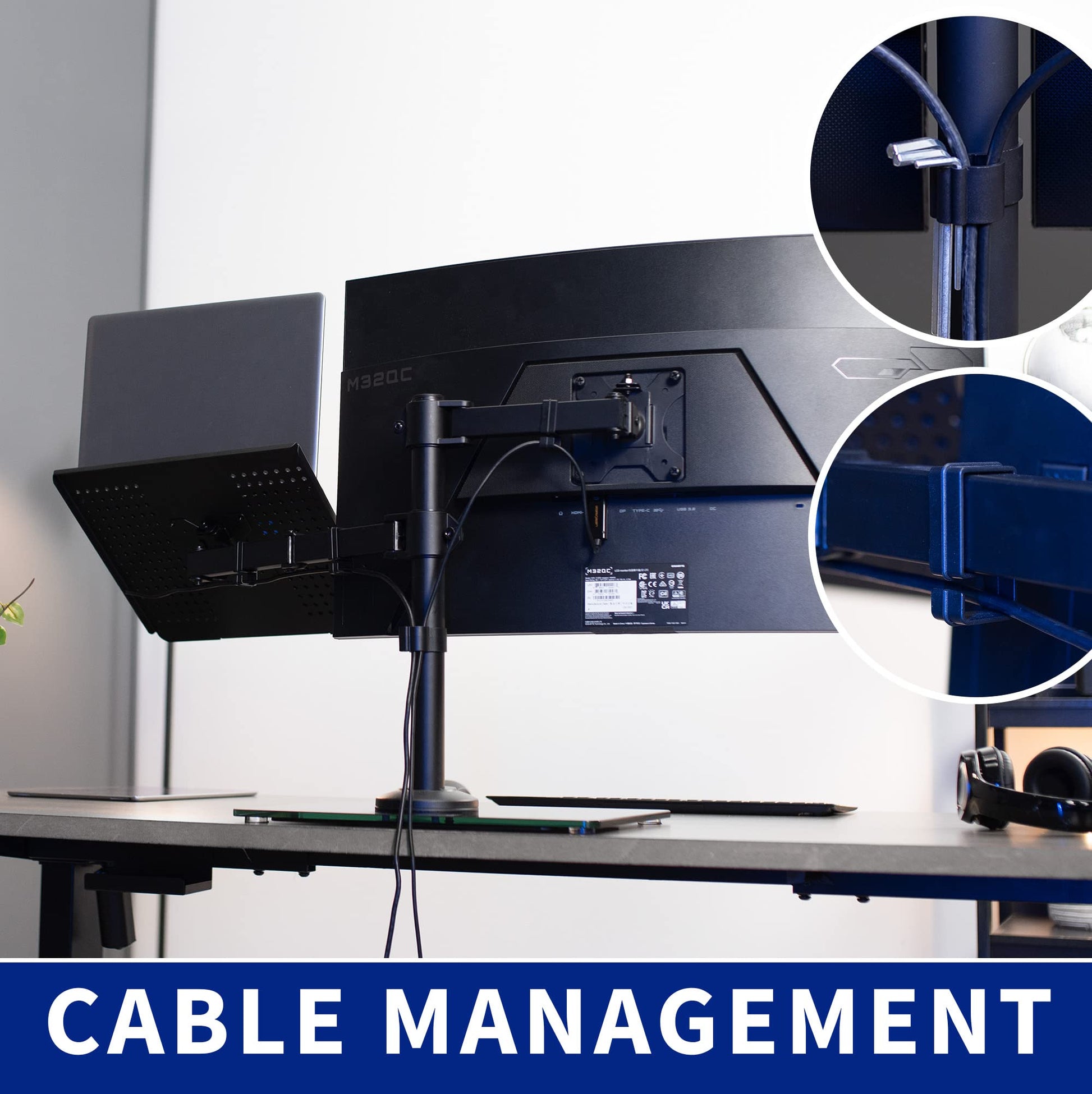 Soporte para Monitor y Portátil Vivo Negro con Base de Vidrio, Adaptable hasta 32 Pulgadas