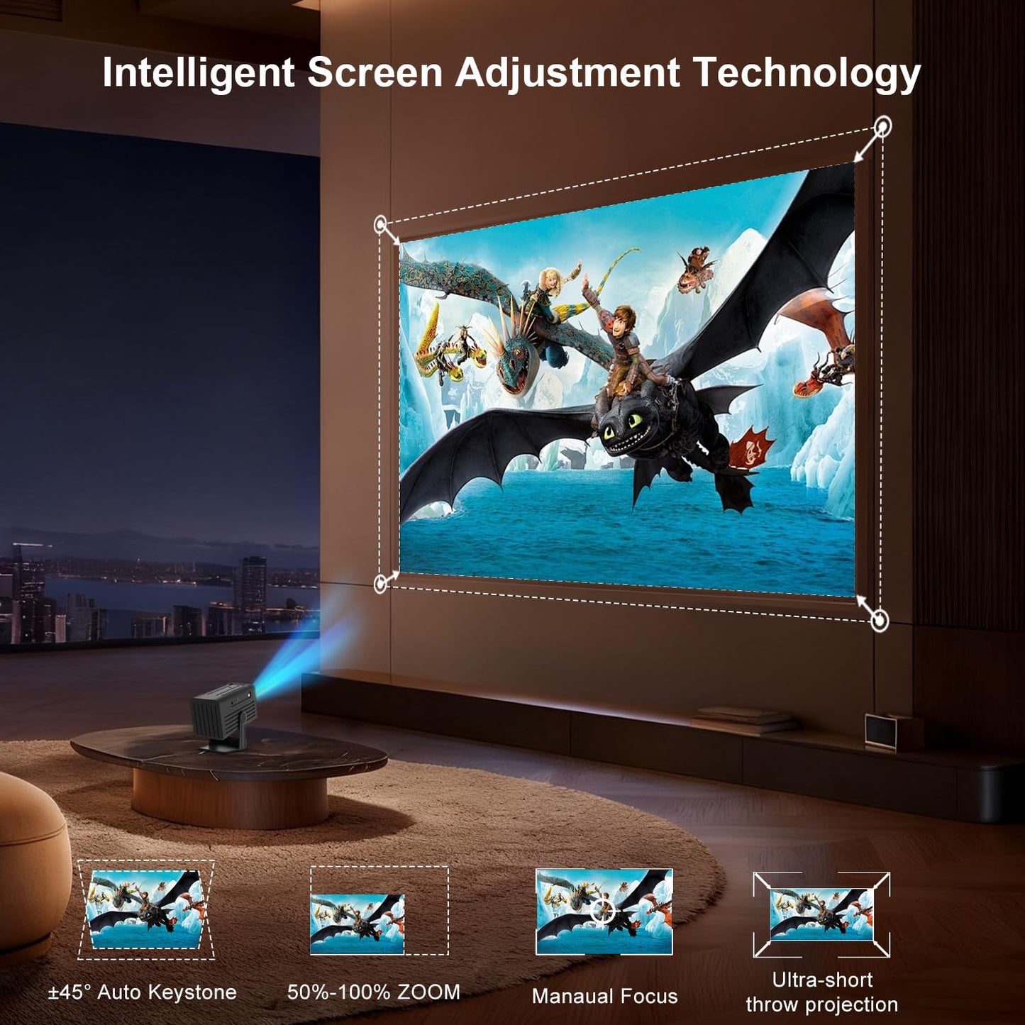 Miniproyector con WiFi y Bluetooth, Compatible con 4K, 260 ANSI lúmenes, proyector portátil Inteligente, corrección Trapezoidal automática, rotación de 135 Grados, proyector de Video para Exteriores