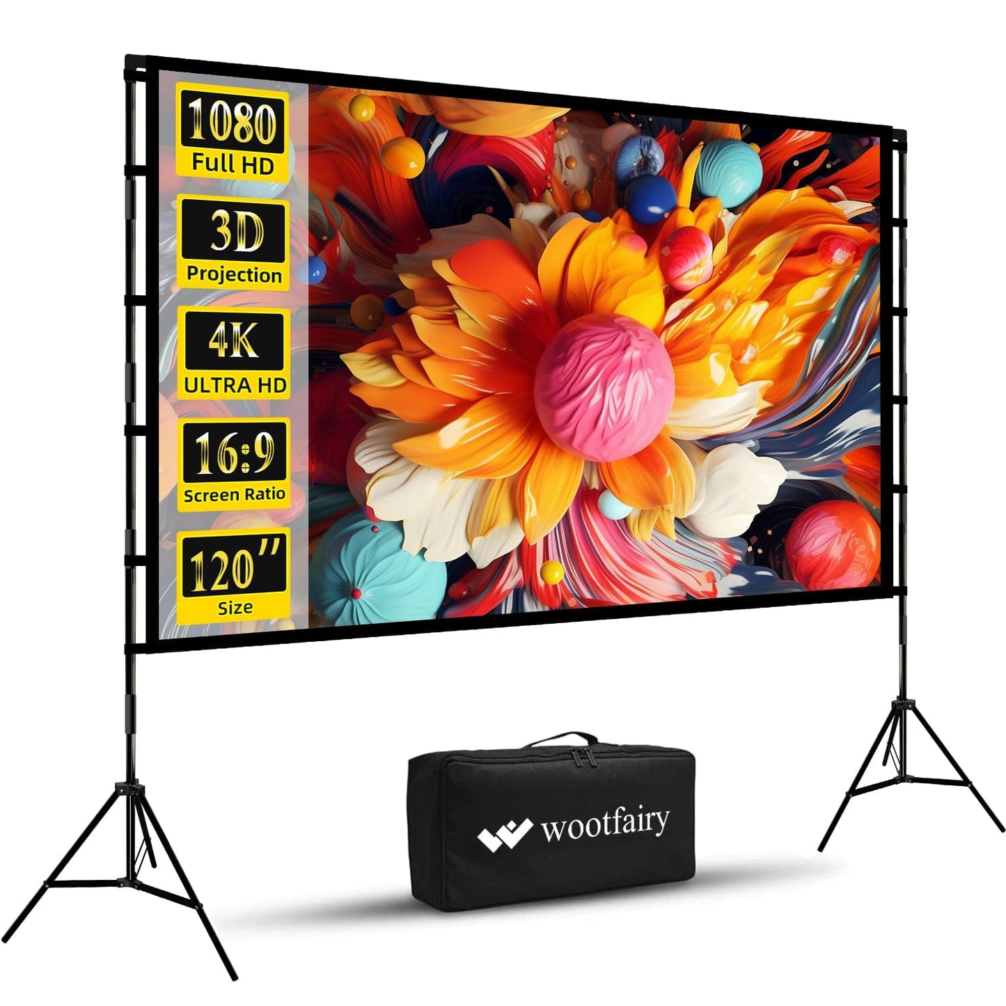 Wootfairy - visualización de proyección plegable y portátil de 120 pulgadas, visualización de proyección 16:9 4K HD trasera frontal sin arrugas con bolsa de transporte para interiores y exteriores,