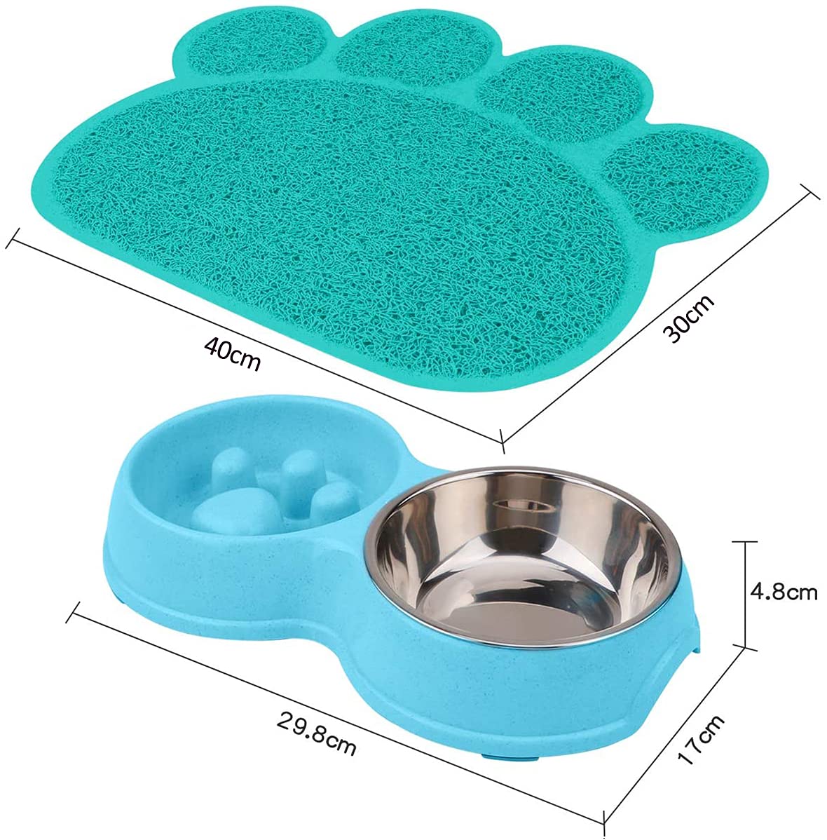 FUXINGONE Comedero para Perros y Gato, Platos para Mascota de Acero Inoxidable con tapete Antideslizante, Tazones Dobles para Agua y Comida, para Perros y Gatos (Azul)