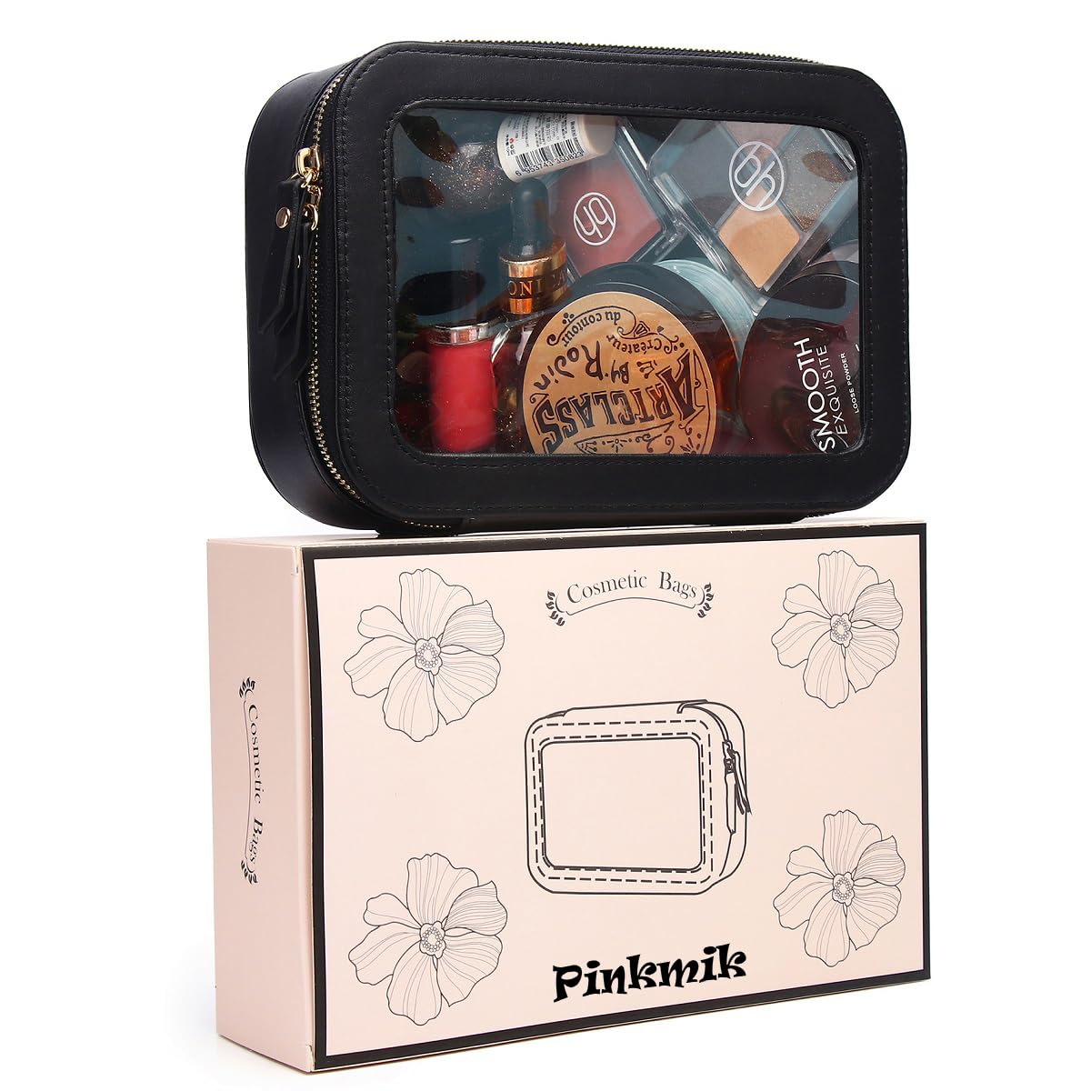 Pinkmik - Bolsa de Maquillaje Transparente Portátil, Cosméticos de Viaje Con Cierre Para Mujer, Negro, Pequeño
