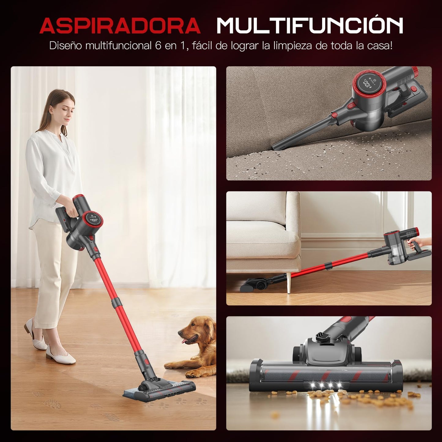 COYIVI 6 en 1 Aspiradora Inalámbrica, Aspirar y Trapear, 30Kpa Aspirador Vertical Sin Cable con Pantalla Táctil para Hogar, Aspiradora de Mano con Potente Succión para Alfombras/Suelos Duros/Pelo de Mascotas