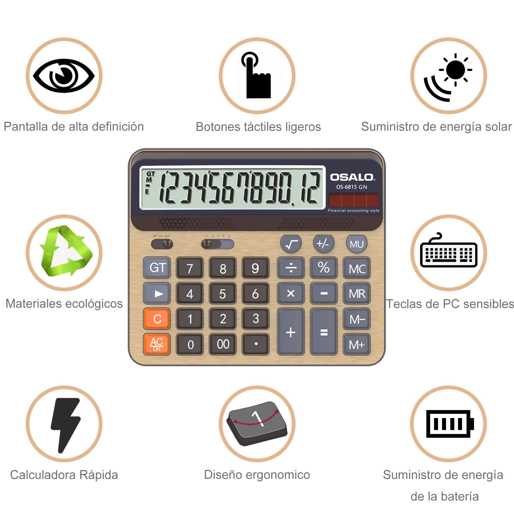 Calculadora de Escritorio Pantalla LCD Extra Grande de 5 Pulgadas Calculadora de Contabilidad de números Grandes de 12 dígitos con botón de Respuesta Gigante, para Office Business Home (OS-6815GN)