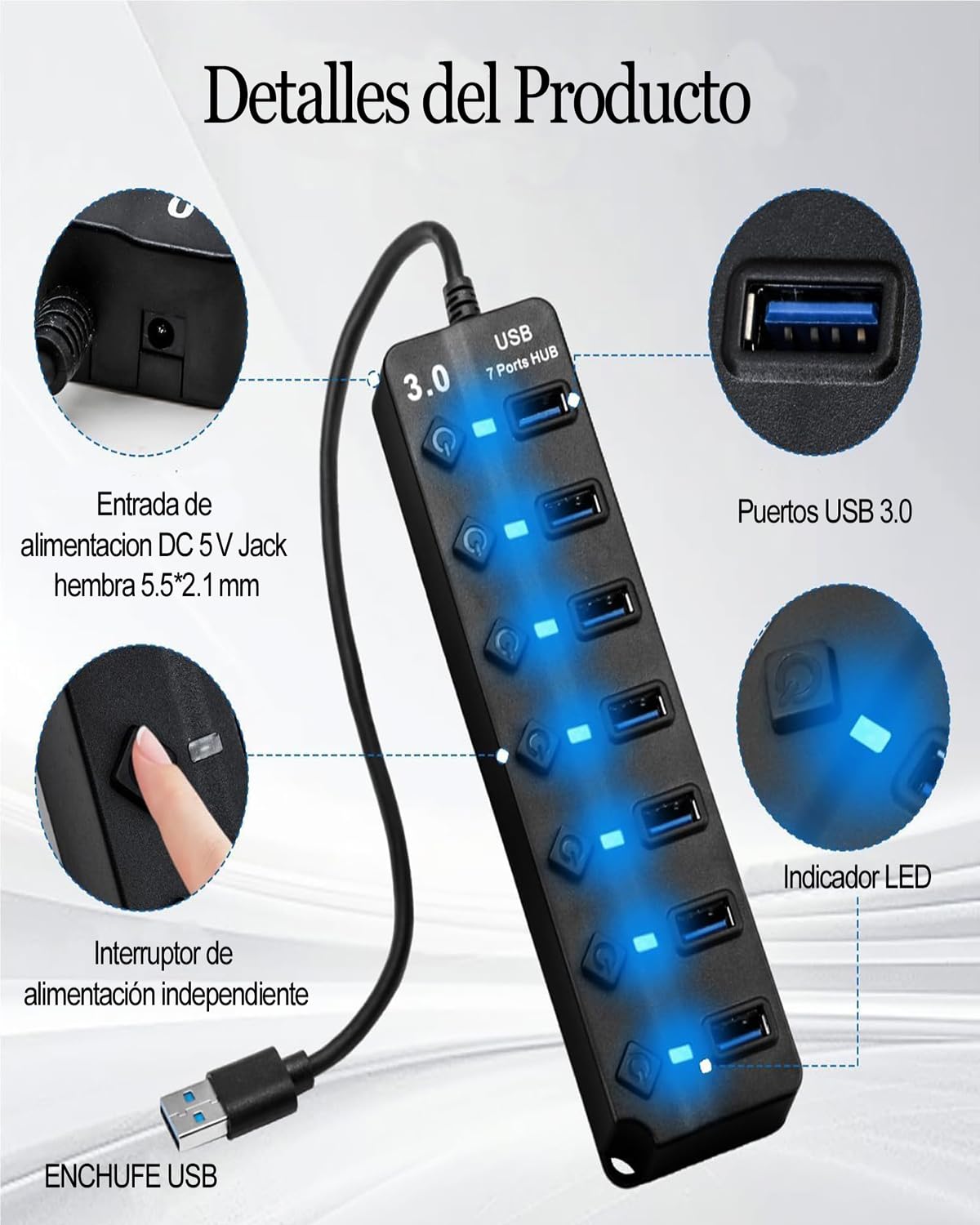Hub USB 3.0, Multicontacto USB Splitter de 7 Puertos Independientes con LED e Interruptores, Conector Múltiple USB 3.0 5Gbps Adaptador de Aluminio 12V/2A para PC, Portátil, MacBook Pro/Air y Más