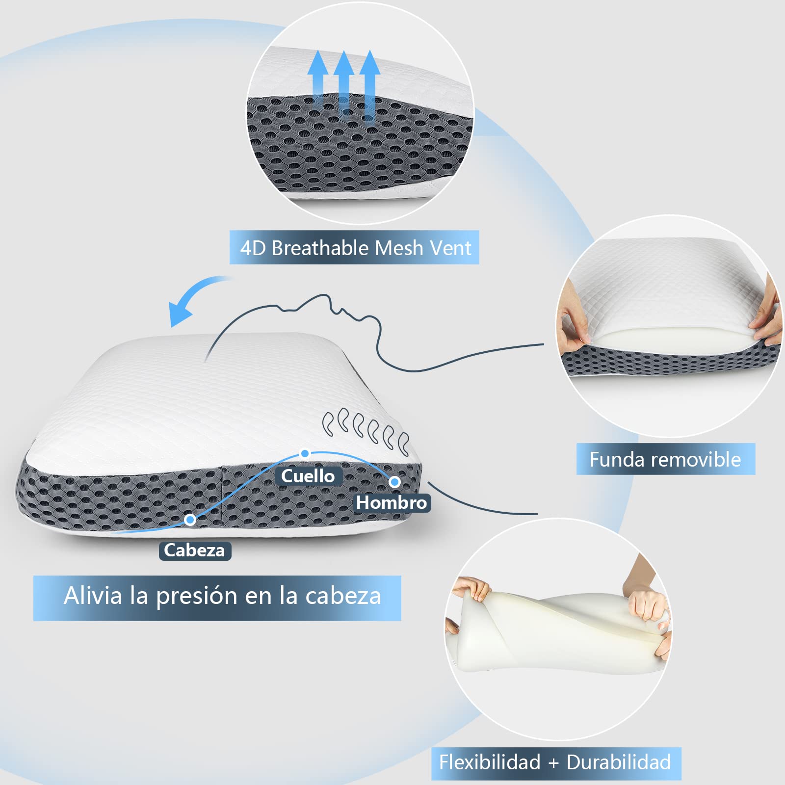 KTMOUW Almohada 2 Piezas Memory Foam y Microfibras antiácaros e hipoalergénico Conductor de Temperatura, Ligero y Resistente