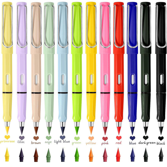 Lápiz Infinito, Lápiz para Siempre de 12 Colores, Lapices Infinito de Color, Lapices Infinito de Escritura de Larga Duración con 12 Cabezales Reemplazables, Nunca Afila Lápiz Eterno Sin Tinta
