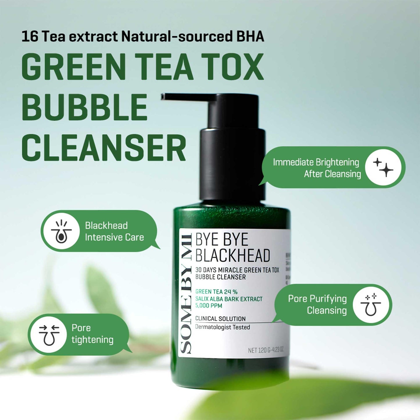 SOME BY MI Bye Bye Blackhead 30 Days Miracle Green Teal Tox Bubble Cleanser, 120 g (4.23 oz), limpieza de poros, iluminador, complejo de tanino, limpieza profunda suave, ingredientes naturales, restauración del equilibrio de la piel