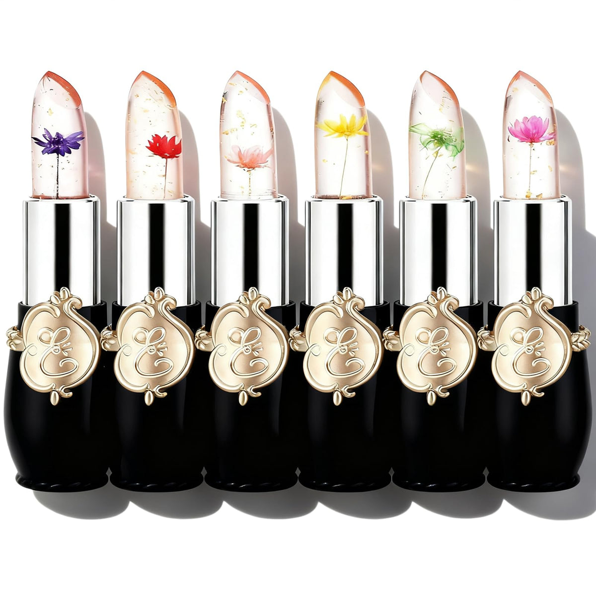 FirstFly - Juego de 6 lápices labiales con flores de cristal, larga duración, nutritivo bálsamo labial hidratante de labios, color negro