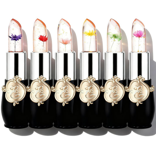FirstFly - Juego de 6 lápices labiales con flores de cristal, larga duración, nutritivo bálsamo labial hidratante de labios, color negro