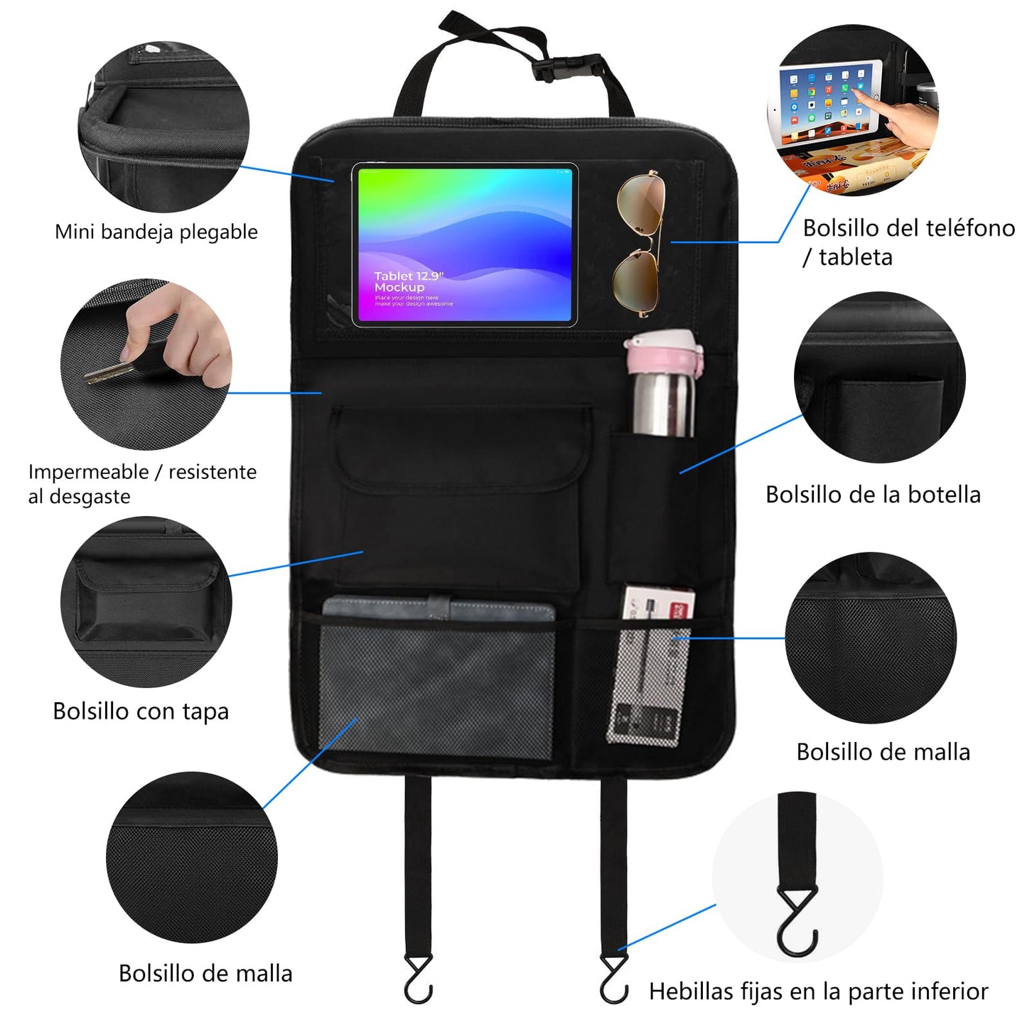 Organizador para Asiento Trasero de Auto con Bandeja, Bolsa de Almacenamiento y Protector de Asiento para Coche, Accesorio Esencial para Niños y Viajes Familiares en Carretera (Negro 1 pieza)
