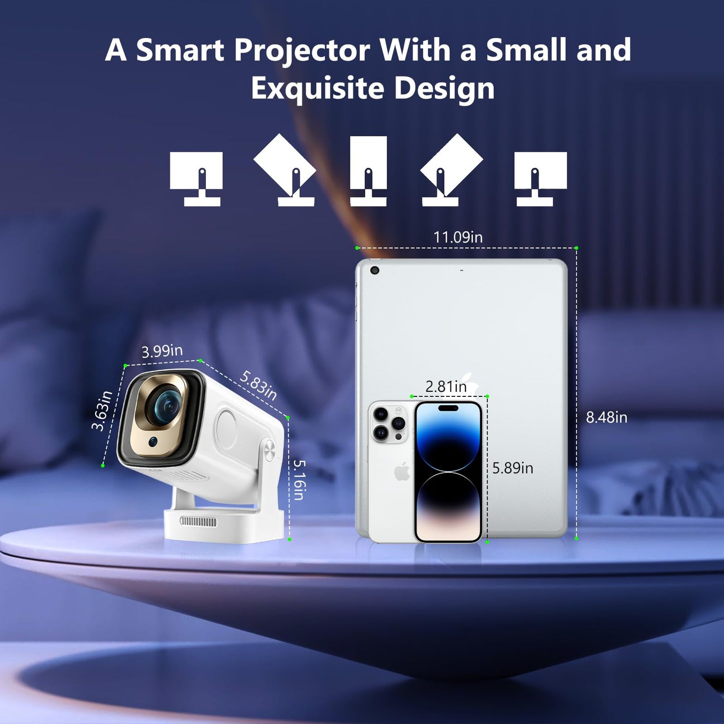 [Soporte 4K y enfoque automático] Mini proyector con WiFi 6 y Bluetooth 5.4, 4K Smart 1080P Proyector de película portátil para exteriores con aplicaciones integradas, giratorio de 180° y