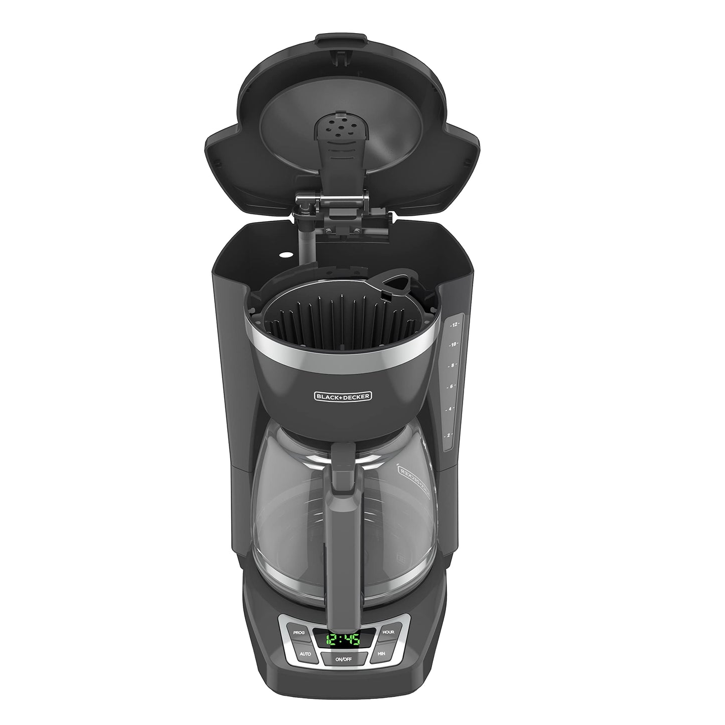 BLACK+DECKER - Cafetera digital de 12 tazas, CM1165GY, programable, filtro de cesta lavable, Sneak-A-Cup, preparación automática, ventana de agua, mantiene la placa caliente, gris