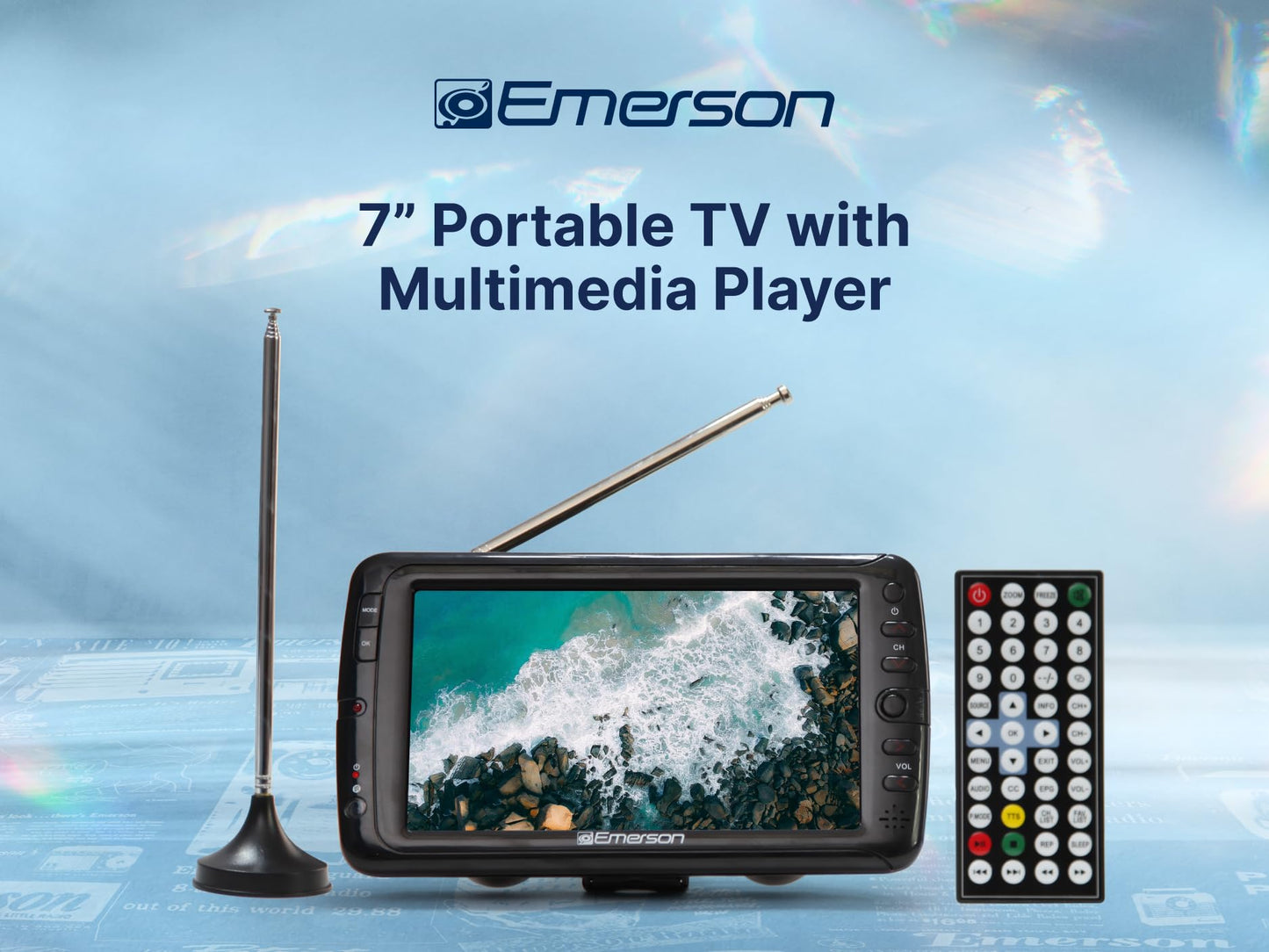 Emerson - Monitor LCD portátil de 7 Pulgadas, Funciona con Pilas Recargables con sintonizador Digital, Entrada HDMI/USB/AV, AC/DC, Control Remoto, Soporte - TV de Viaje pequeño para Coche, Camping