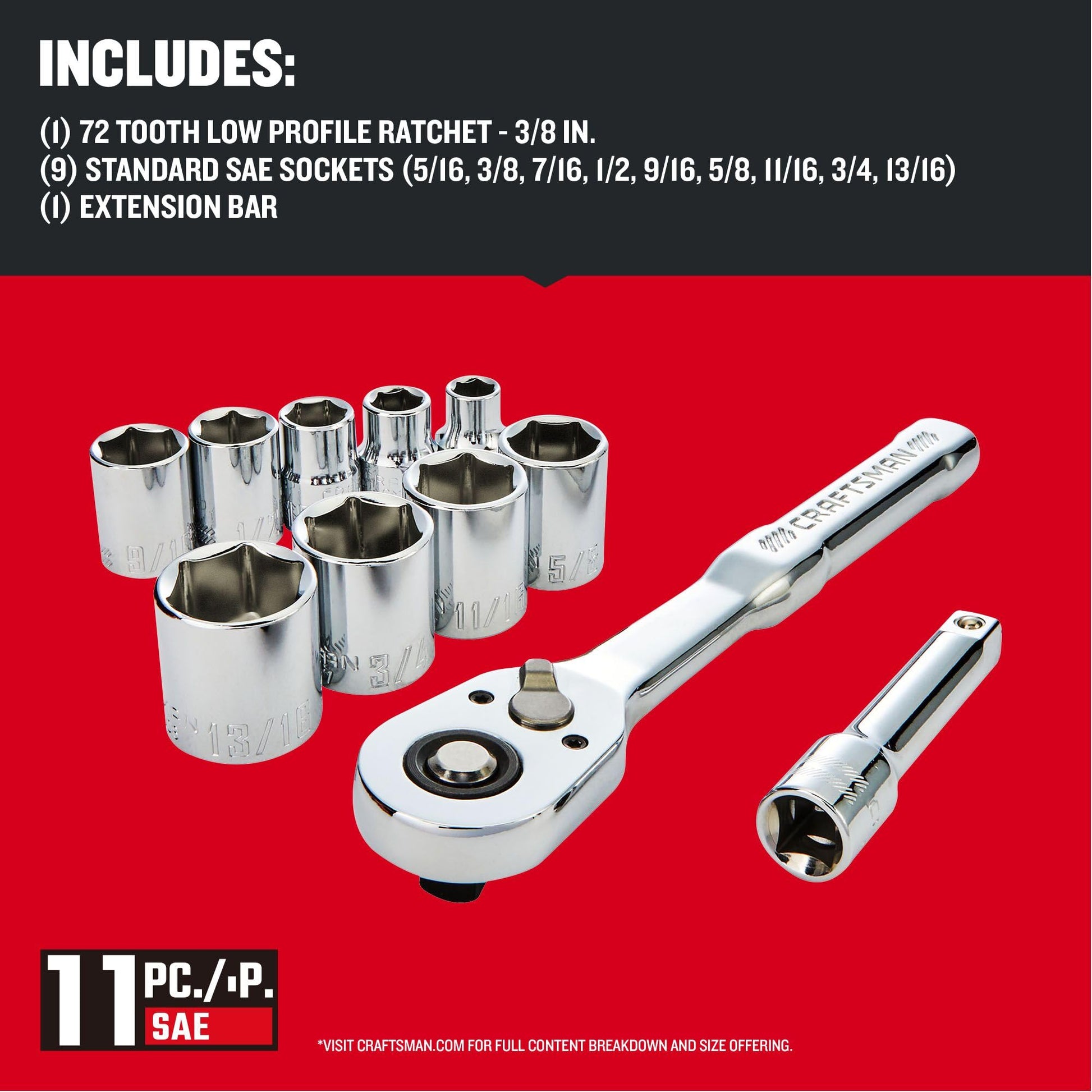 CRAFTSMAN - Juego de herramientas mecánicas de 3/8 pulgadas, SAE, 11 piezas (CMMT12126)