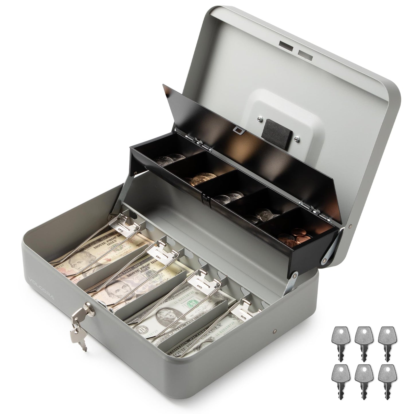 Caja de Dinero Grande Volcora Metal con Cerradura de Llave y Bandeja Portátil Duradera para Ahorro de Dinero