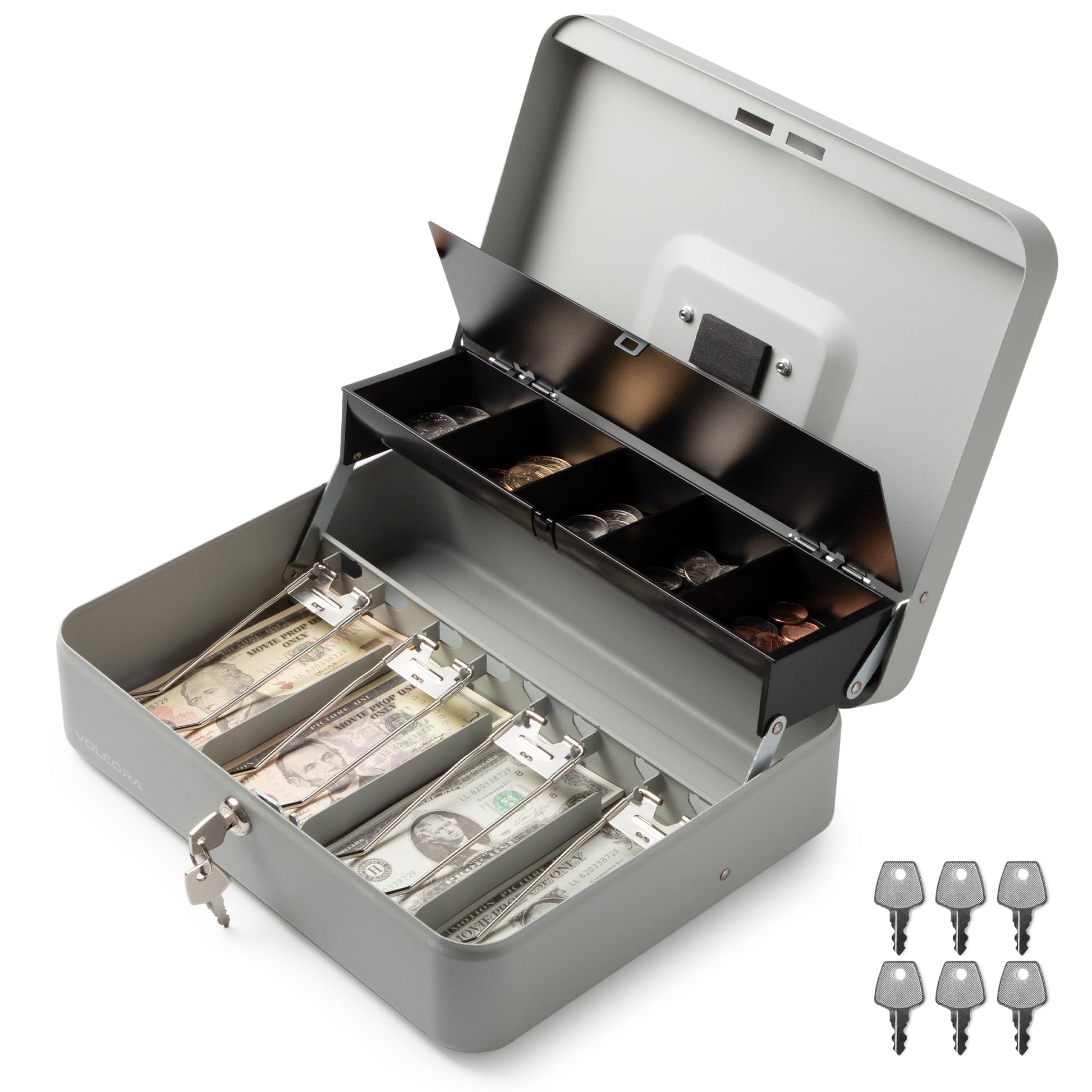 Caja de Dinero Grande Volcora Metal con Cerradura de Llave y Bandeja Portátil Duradera para Ahorro de Dinero