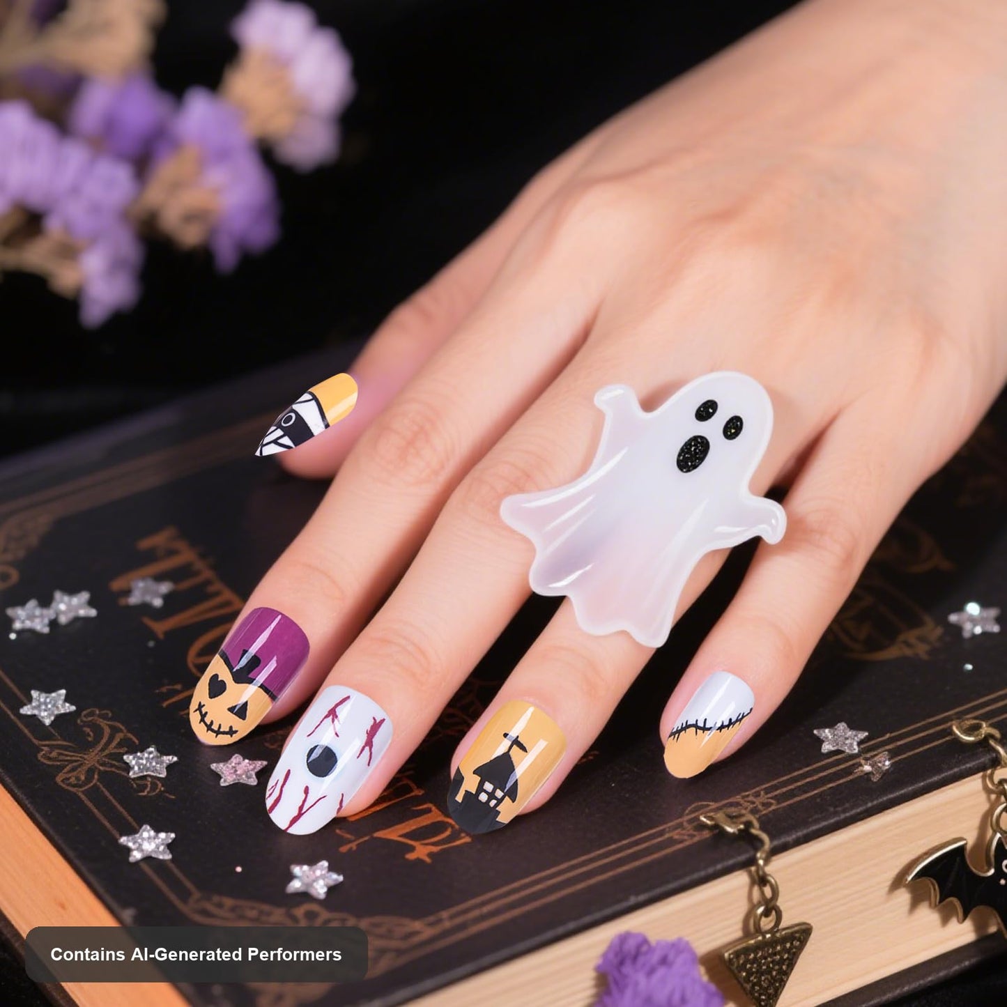 Muswarm Uñas postizas de Halloween, tamaño mediano, cortas y cuadradas, 24 piezas con calabaza, araña y casa embrujada, decoración de Halloween, con herramientas, amarillo, negro y blanco.