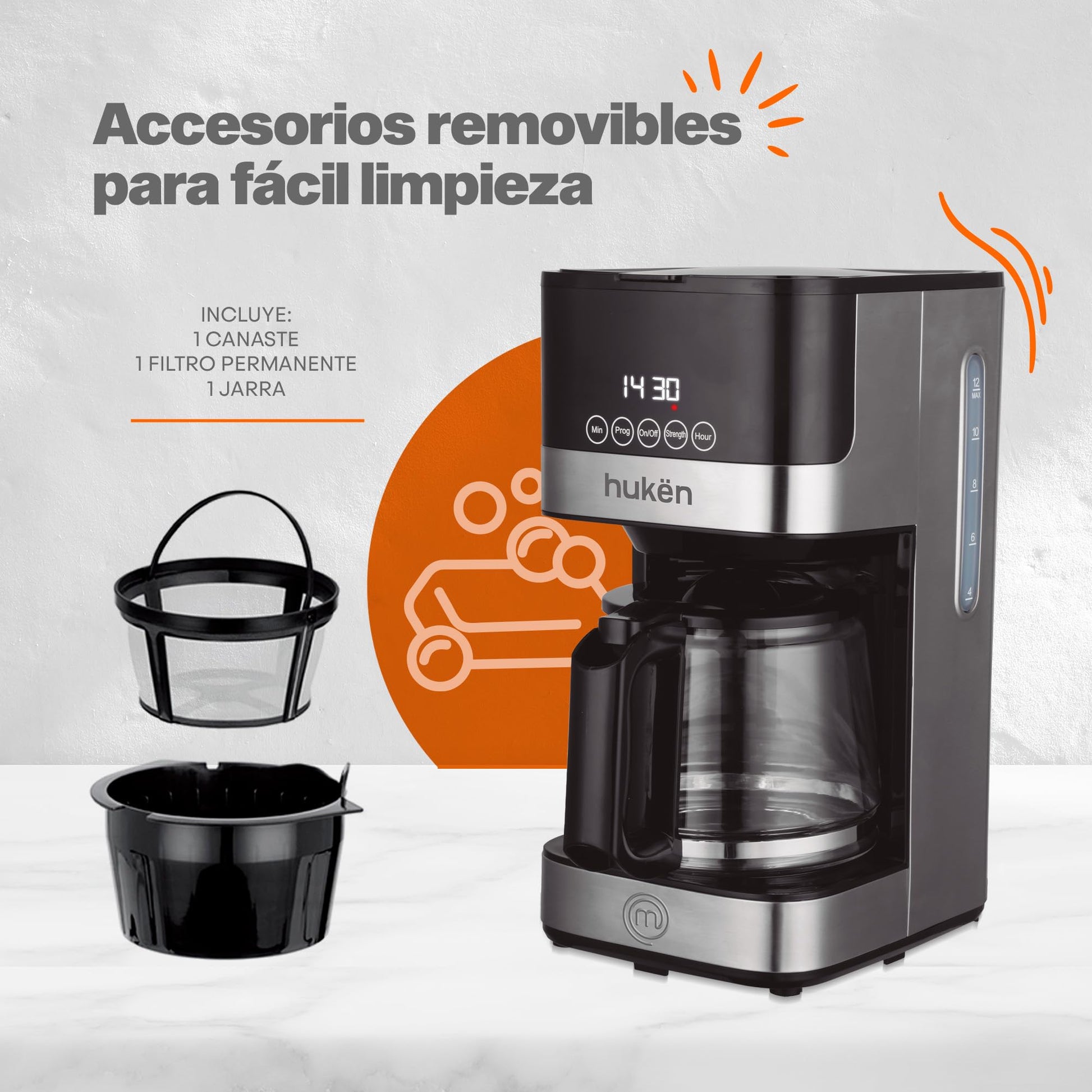Cafetera Smart Brew MasterChef by Hukën, Cafetera de goteo, programable, inteligente, con filtro permanente, capacidad 12 tazas, gris, modelo MK-DCM-12PV2