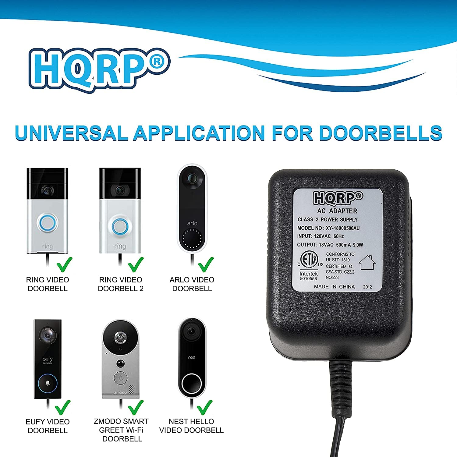HQRP Transformador adaptador de corriente alterna de 18 voltios compatible con timbres de video inteligentes Nest Hello, Ring, Ring-2, Ring-3, Arlo, Zmodo, Eufy fuente de alimentación, cable de 20