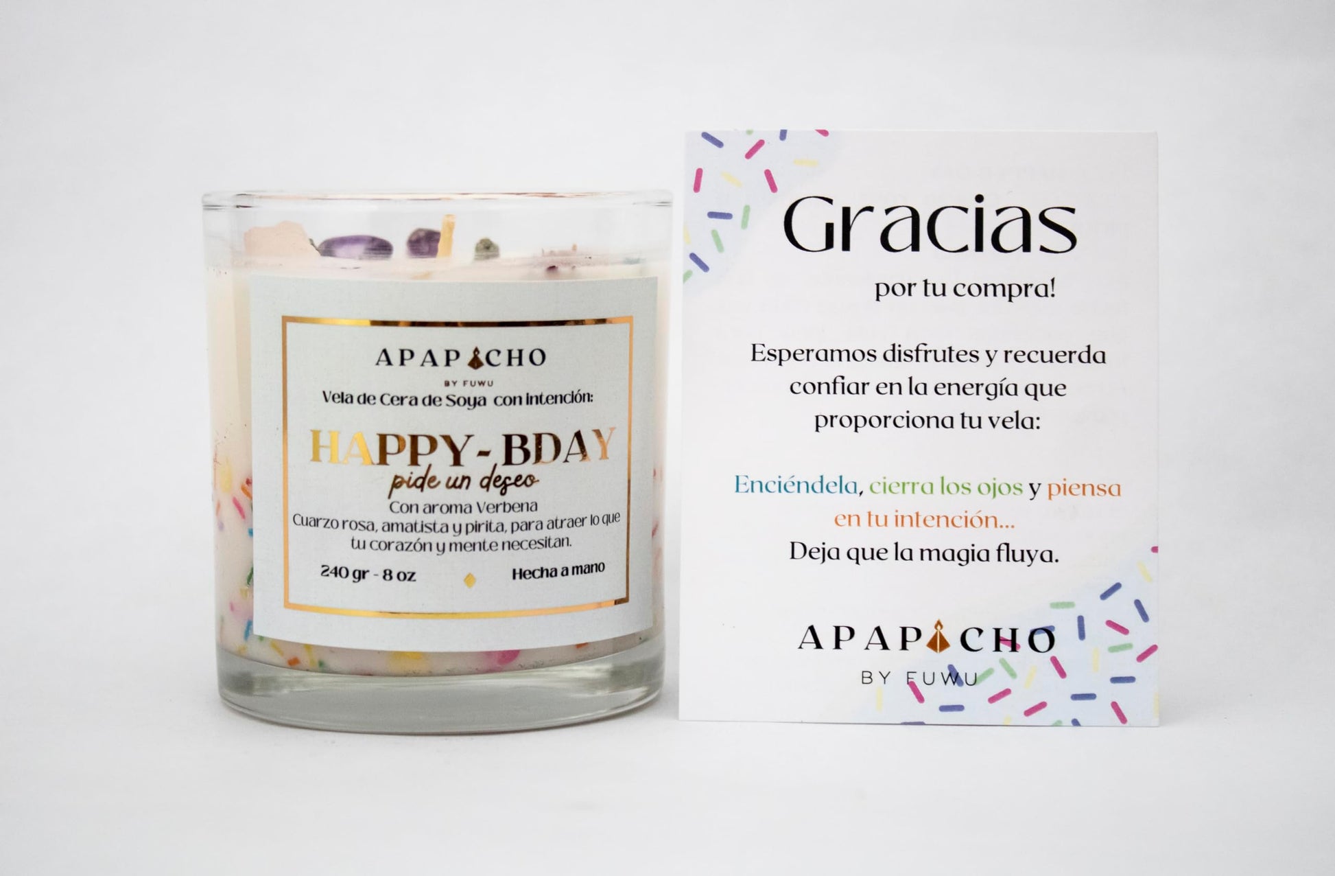 Fuwu, velas aromaticas relajantes Happy Birthday de cera de soya con cuarzos naturales, velas decorativas hechas a mano con hierbas de olor, aromatizantes para hogar, regalos de cumpleaños (Verbena)