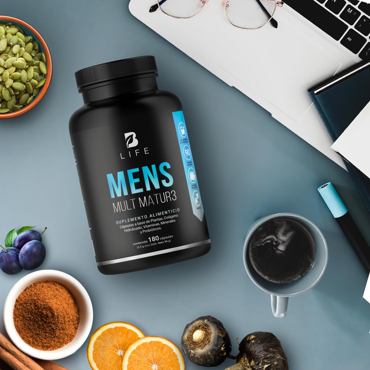 B Life Company Multivitamínico para Hombre Mayor de 40 años con 180 Cápsulas. Ingredientes naturales: Maca Negra, Semillas de Calabaza, Colágeno, Probioticos. Mens Mult Matur3.