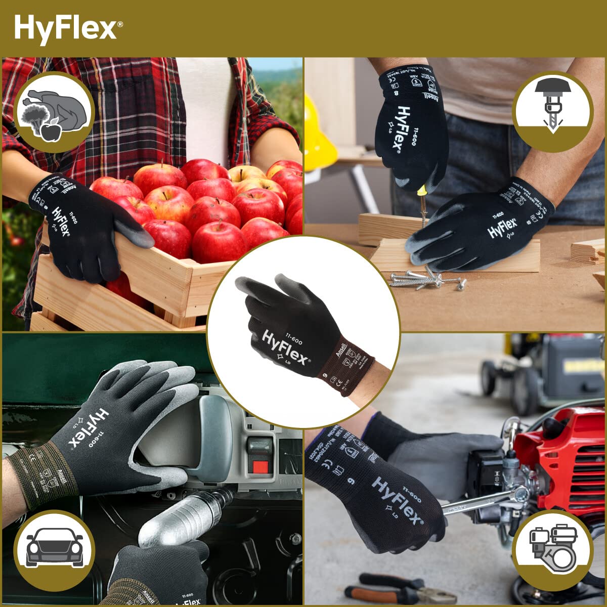 HyFlex 11-600 - Guante de Nylon con Poliuretano para trabajos que impliquen destreza y sensibilidad. Talla 9 (Grande) 1 par.