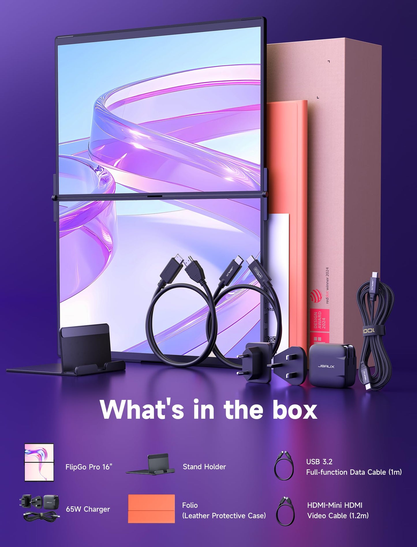 JSAUX FlipGo 16" Pro Monitor Portátil de Doble Pantalla 2.5K, Extensor de Triple Pantalla para Portátiles/DisplayLink/Un Cable para Doble Pantalla IPS/Diseño Magnético para Windows, Linux, MacOS.