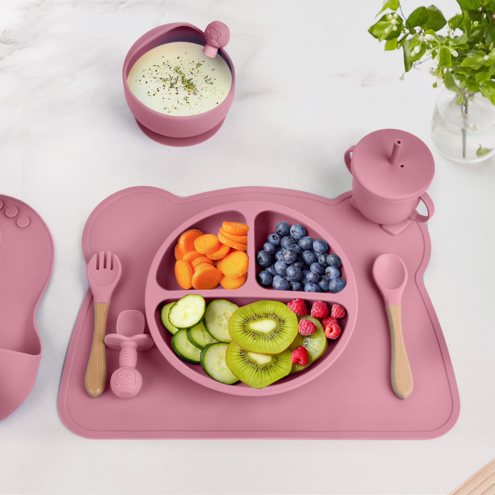KAREN Platos para bebe silicon,9 Pcs Vajilla para niños de Silicona de Grado Alimenticio, Sin BPA,con pajitas, Cubierta de merienda,Cucharas y tenedores,baberos,Fácil de limpiar (Blanco)