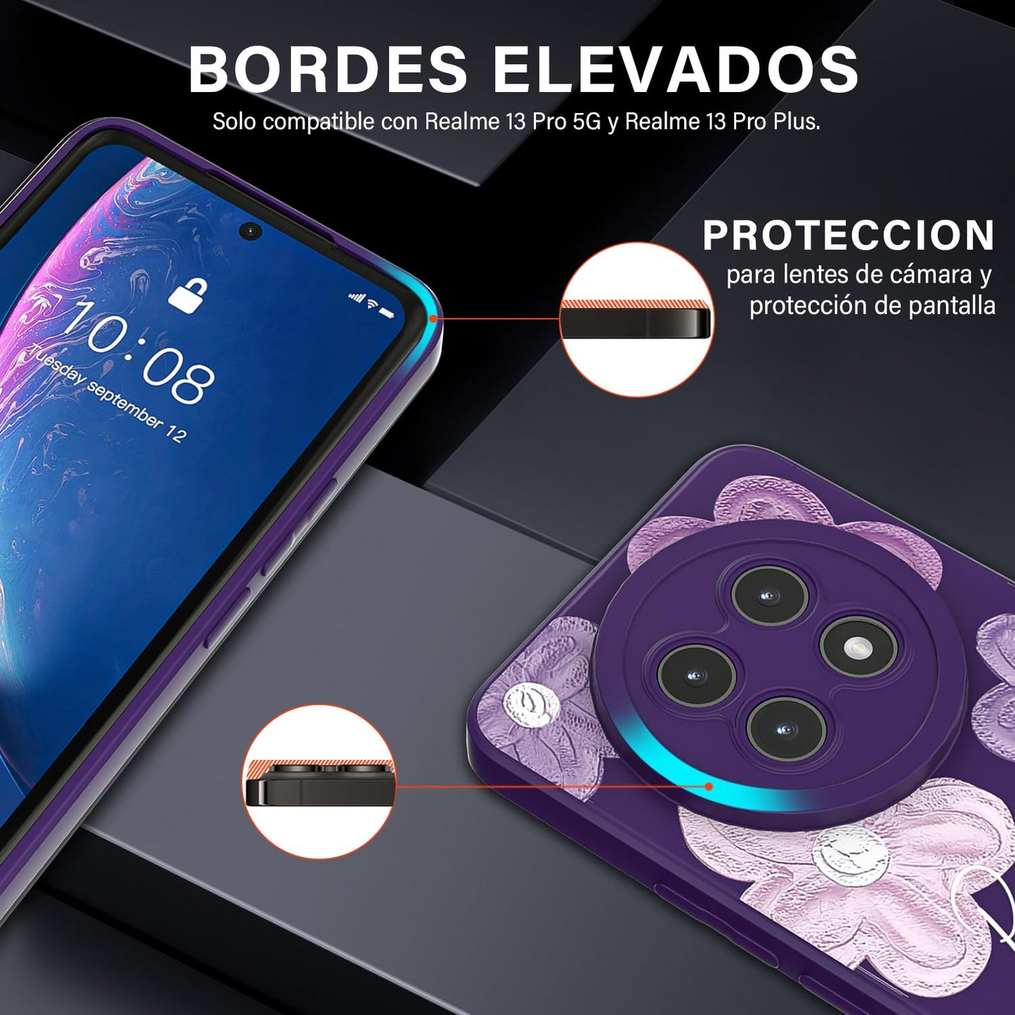 Threehao Funda para Realme 13 Pro y Realme 13 Pro+ Plus Case Uso Rudo, Ultra Delgado Flexible Púrpura Suave TPU Silicona Carcasa con Moda Aesthetic Dibujos Flores, Antigolpes Anti-arañazos Protectora