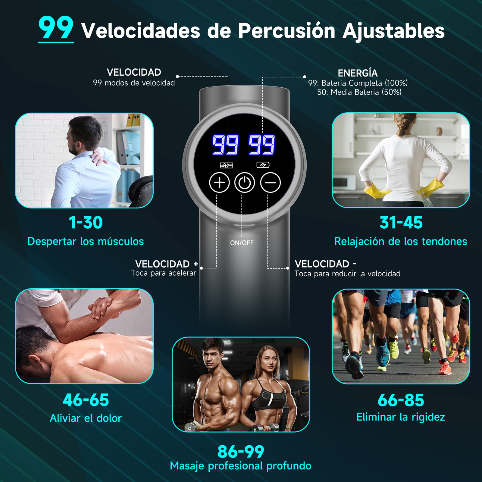 KOSCHEAL Pistola de Masaje, Súper Potencia Masajeador de Muscular Profesional 99 Velocidades Ajustables y 8 Cabezales Tecnología de Carga Rápida para Espalda Cuello,Hombro Alivio del Dolor de Tejido Profundo