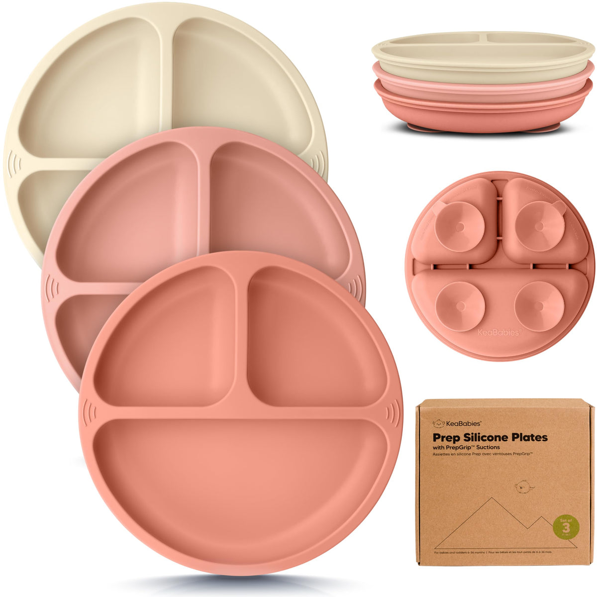KeaBabies Platos infantiles para bebé, 3 unidades, 100% silicona, con ventosa, platos para niños divididos con división, placas de silicona para bebé, sin BPA, aptos para microondas (roseate)
