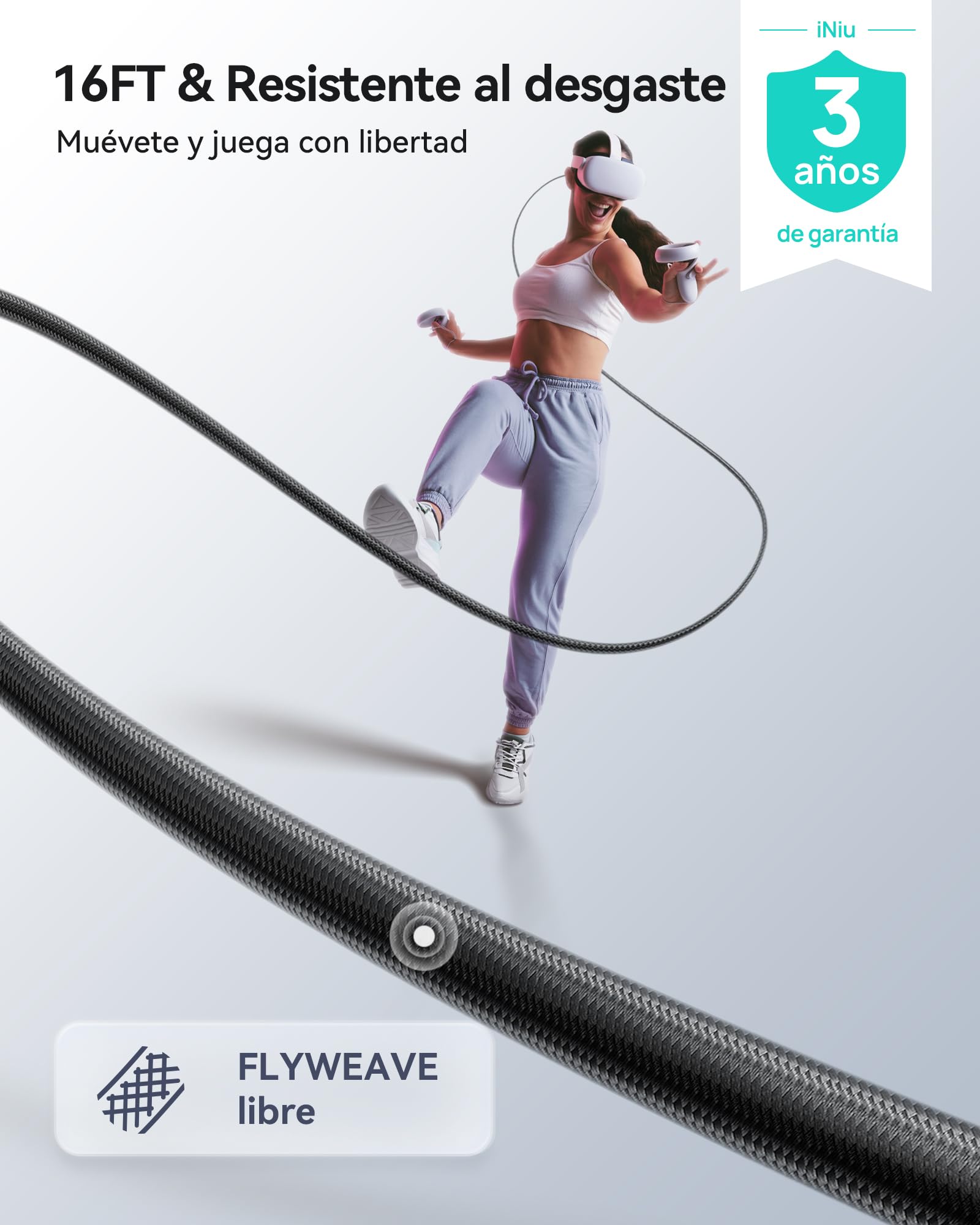 INIU Cable Link de 5m, Cable Link USB 3.0 a USB C con Meta Oculus Quest 3s, Quest 3 2 1, Quest Pro, Pico 4, PC Steam VR Accesorios, Transferencia de Datos de Alta Velocidad, Cable para Auriculares VR