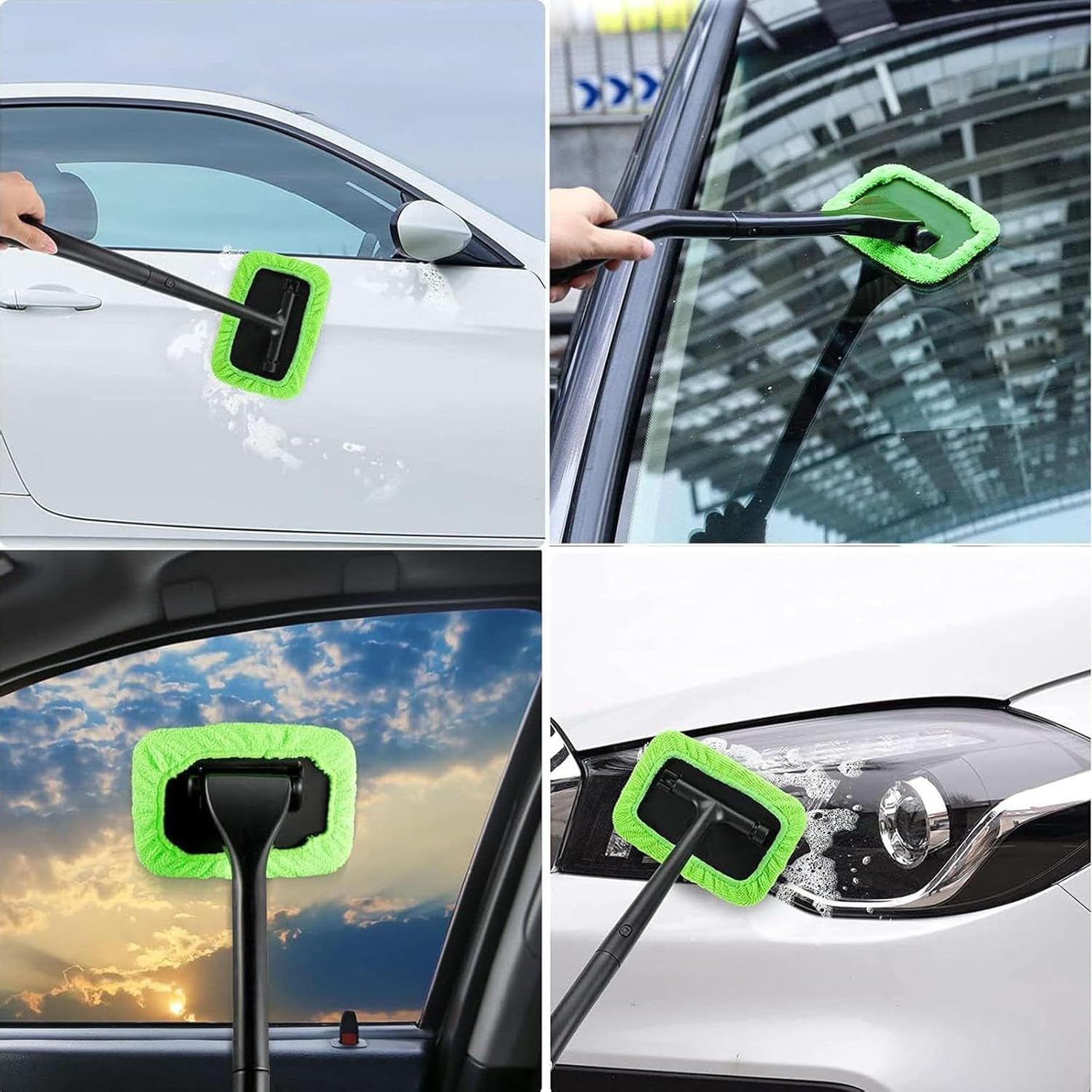 Herramienta de limpieza de parabrisas de coche, limpiador de parabrisas mejorado con 5 almohadillas de microfibra lavables y reutilizables y mango extensible para limpiaparabrisas automático (verde)