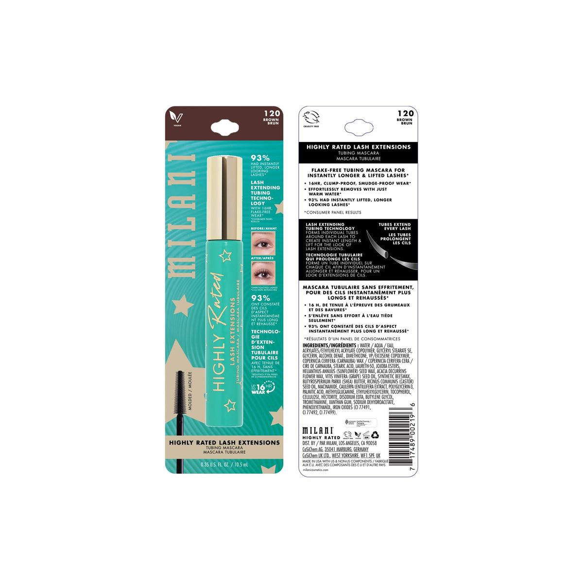 Milani Highly Rated Mascara - Brown, Length and Lift, Clump-Proof, Smudge-Proof 16HR Wear