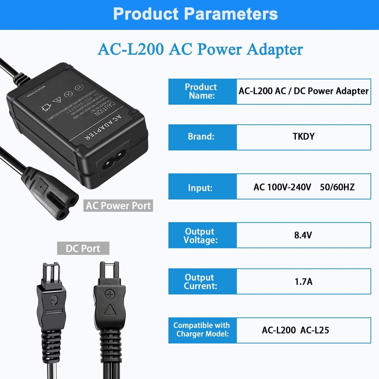 TKDY AC-L200 Camcorder Charger for Sony AC-L200 AC-L200C L200D AC-L25 AC-L25A AC-L25B AC-L25C, fit for Sony Handycam DVD105 DVD108 DVD203 DVD205 DVD305 DVD308 DVD610 DCR-HC85 DCR-HC90 Power Adapter.
