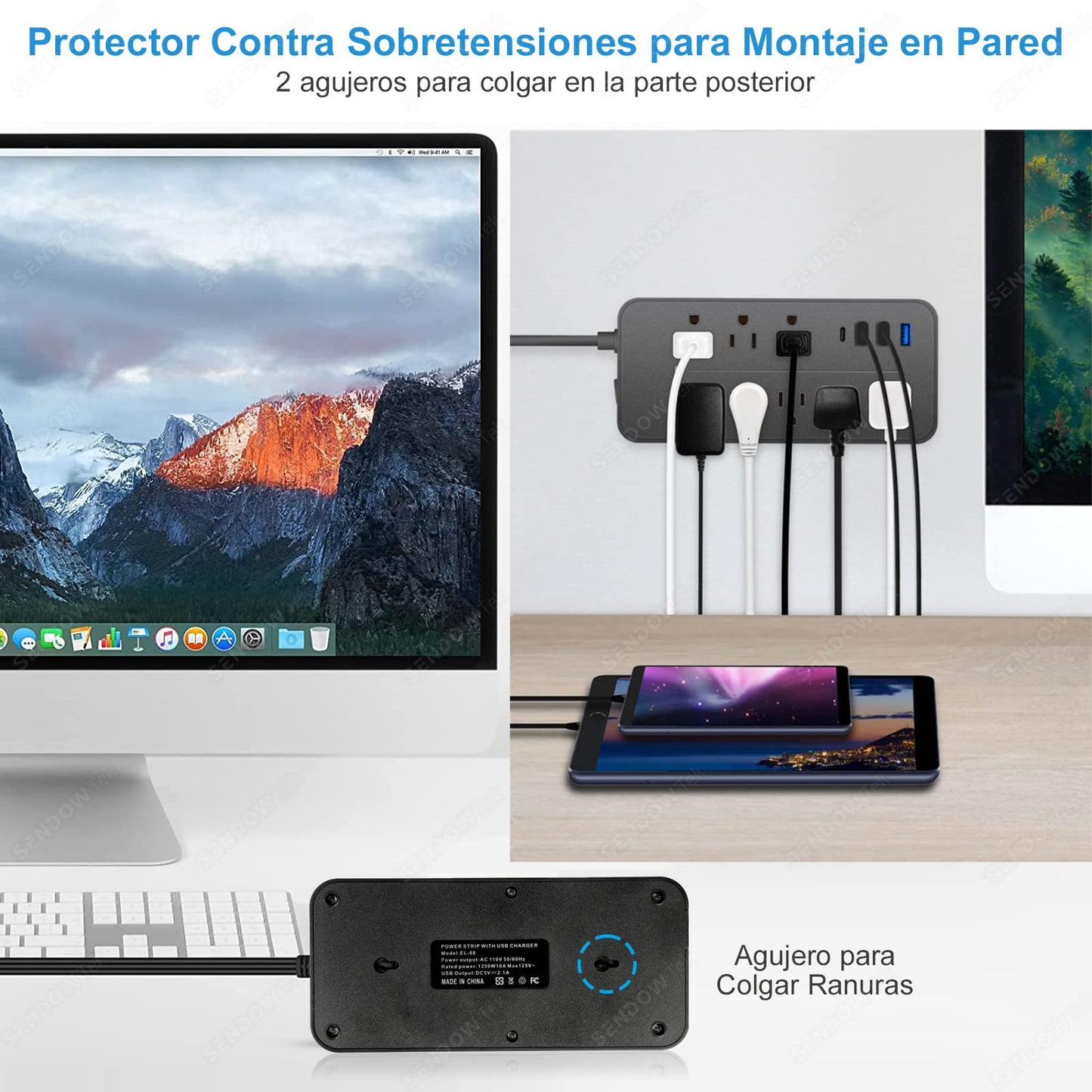 Sendowtek Multicontacto USB Regleta de Alimentación Regleta Enchufes USB con Cable de Extensión de 4Ft/1.2M Conector Multiple con 8 Tomas, 3 Puertos USB A y 1 Puerto Tipo-C, para Hogar y Oficina