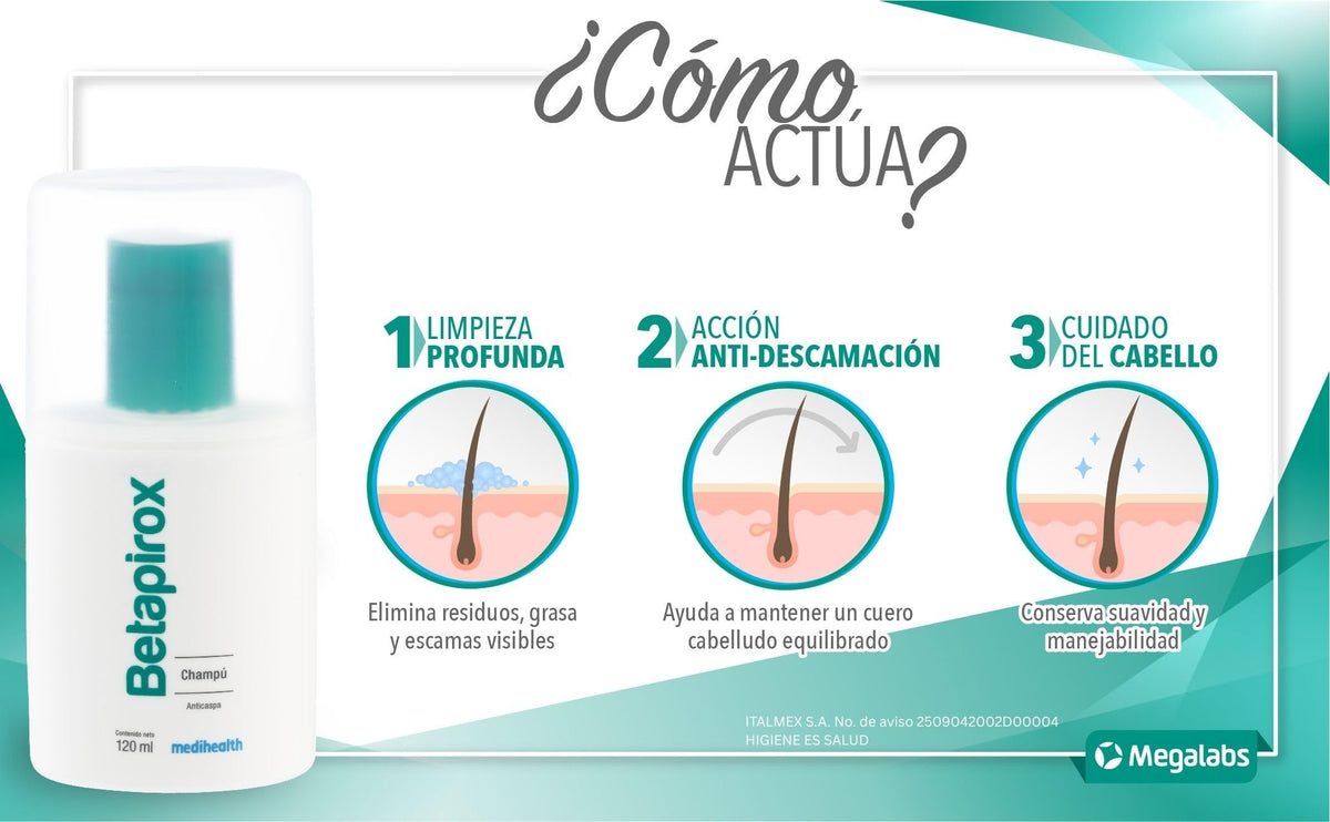 Betapirox Shampoo Dermatológico Anticaspa | Ideal para Cuero Cabelludo Graso o con Tendencia a la Descamación | Para Hombre y Mujer | 120 ml