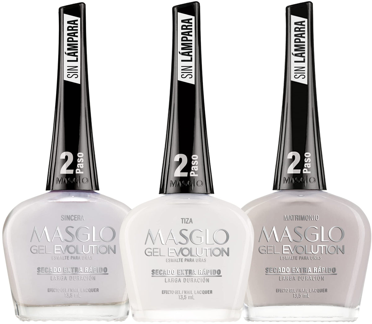 MASGLO- GEL EVOLUTION Esmalte de Uñas Efecto Gel, Sin Lámpara UV/Led, Duración Hasta 12 días, 3 uds Tonos Blanco