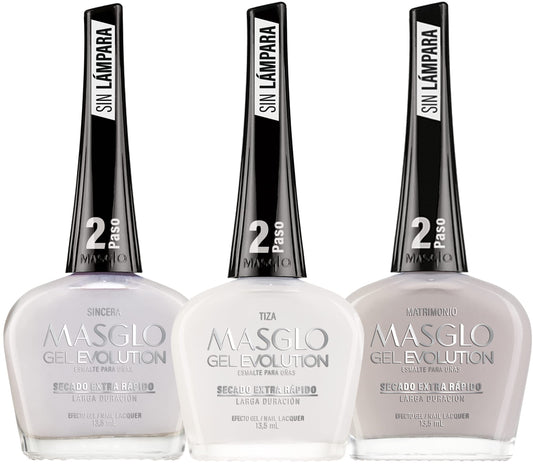 MASGLO- GEL EVOLUTION Esmalte de Uñas Efecto Gel, Sin Lámpara UV/Led, Duración Hasta 12 días, 3 uds Tonos Blanco