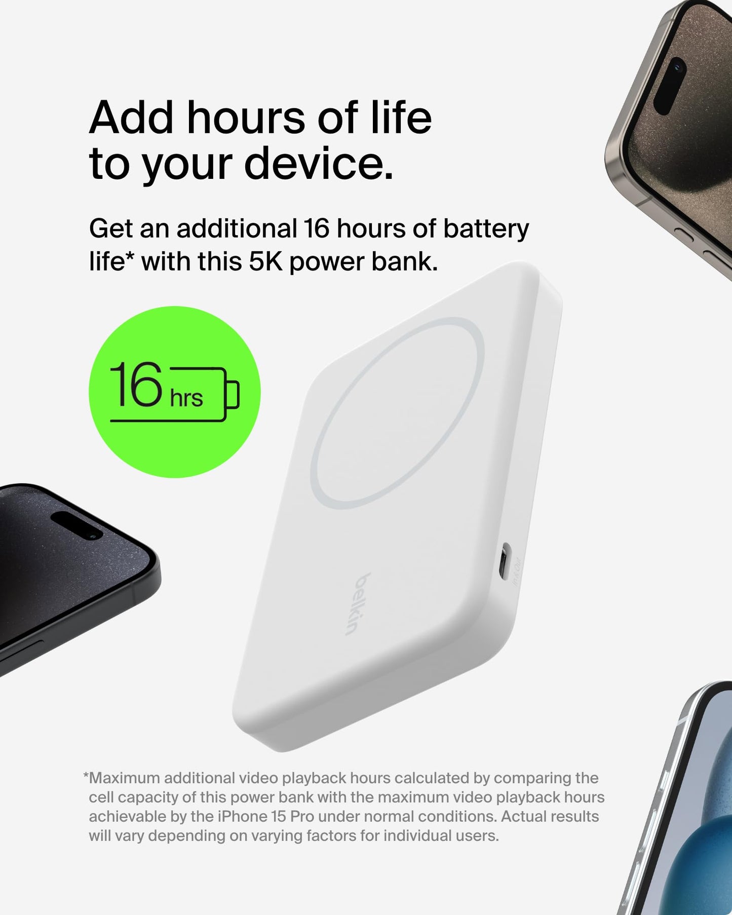 Batería Magnética Belkin Blanca con Qi2 de 15W y 5,000 mAh