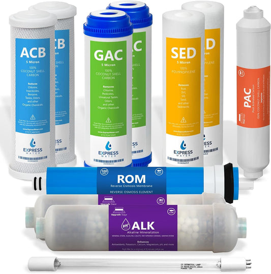 Sistema de Ósmosis Inversa Alcalina Express Water Blanco con Membrana UV de 11 Filtros y 100 GPD RO, Tamaño 10 Pulgadas