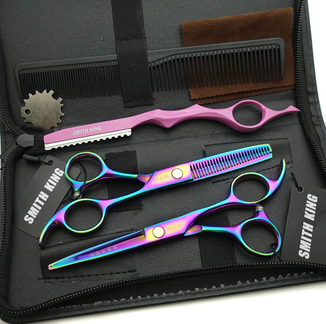 Juego de tijeras de corte de pelo de 12,7 cm con estuche de tijera de piel para corte de pelo, tijeras de adelgazamiento de cabello para personal y profesional (Raibow)