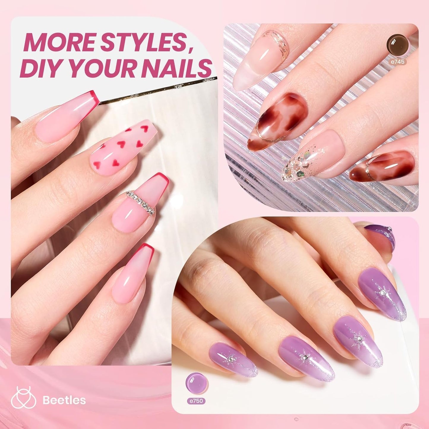 Beetles Set Esmalte en Gel Jelly 53 Piezas 36 Colores Uñas Semitransparentes Milky Cat Eye Glitter Base Top Coat Mate Brillo UV LED Manicura en Casa