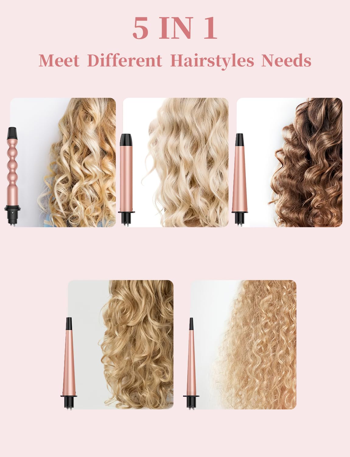 Rizador de Pelo 5 en 1 con Guantes y Peines - Calentamiento Instantáneo - Herramientas de Peinado Profesionales - Pelo Largo y Corto - Ceramicas - Color Oro