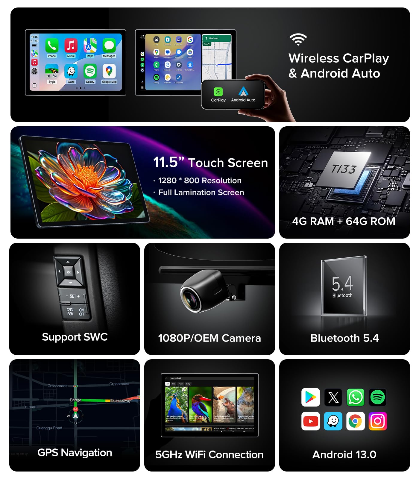 Radio de coche de 11.5 pulgadas para Chevy Silverado Radio GMC Sierra Stereo 2014-2018 con CarPlay inalámbrico y Android Auto/Android 13/5G WiFi/visualización táctil/FM/AM/4GB RAM + 64GB ROM (pulgadas