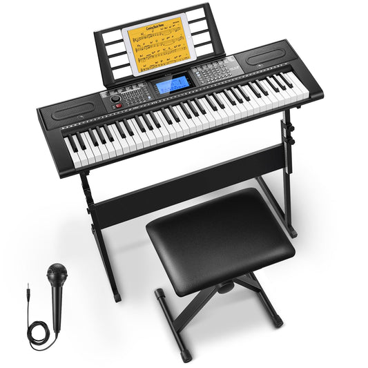 Donner - Piano de teclado de 61 teclas, kit de teclado de piano eléctrico con 249 voces, 249 ritmos, incluye soporte para piano, taburete, micrófono, regalo para principiantes, negro (DEK-610S)