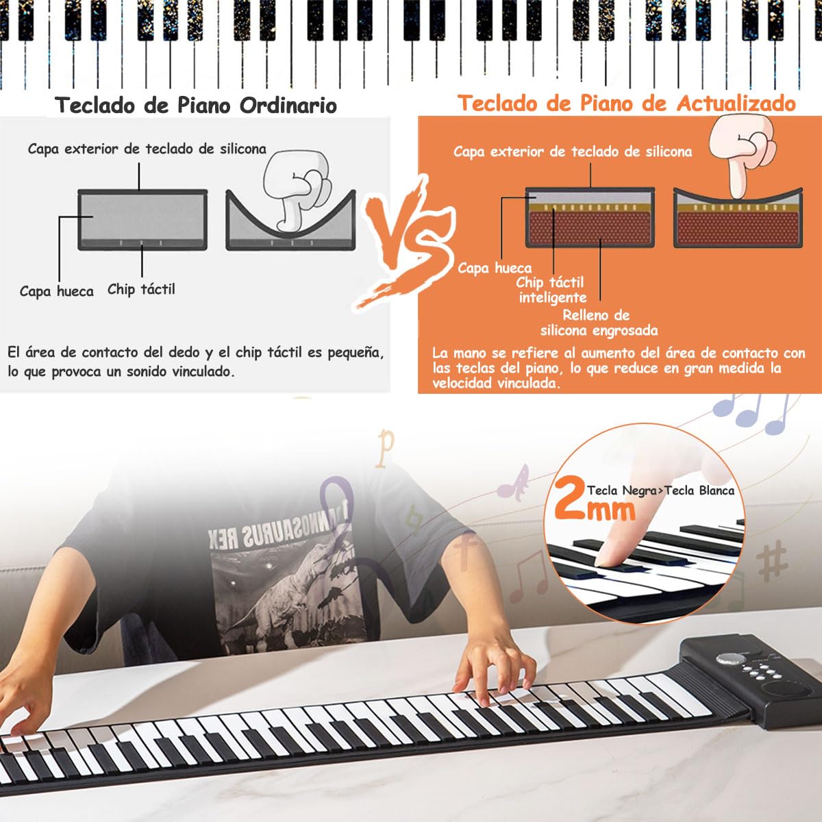 FHZLAJ Teclado de Piano Enrollable 61 Teclas,Piano Musical Electrónico de Silicona Plegable Portátil con Altavoz Incorporado 128 Tonos 100 Ritmos,Roll up Flexible Piano para Niños Adultos Principantes