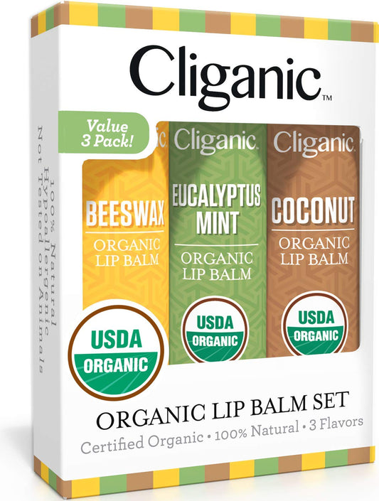 Cliganic Organic Lip Balm Set, 3 pcs - Natural Moisturizer for Cracked and Dry Lips - USDA Organic and Hypoallergenic Lip Balm Pack for Lip Care - Lip Balm for Men and Women - 3 Flavors